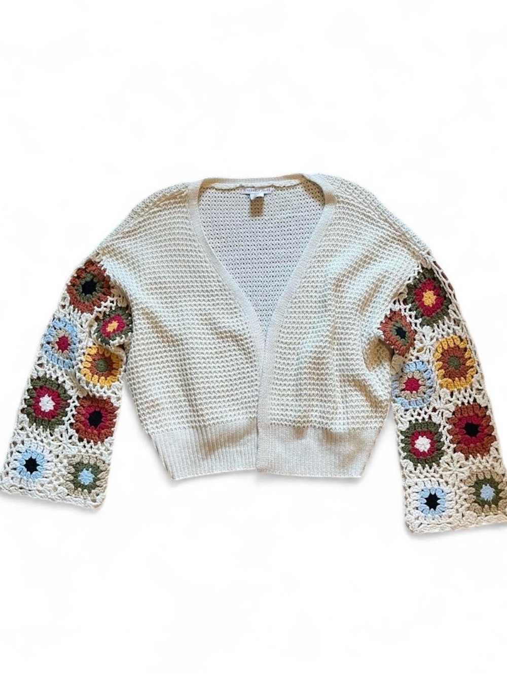 Sincerely Jules Cream Open Cardigan with Multicolor Crochet Floral Sleeves